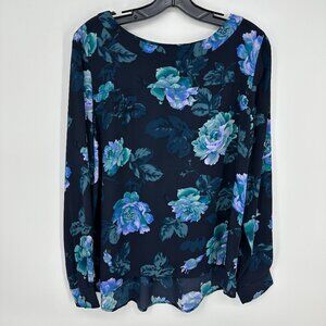 LOFT Floral Top M Boat Neck Hi Low Hem Long Sleeve Blouse Navy Teal Blue